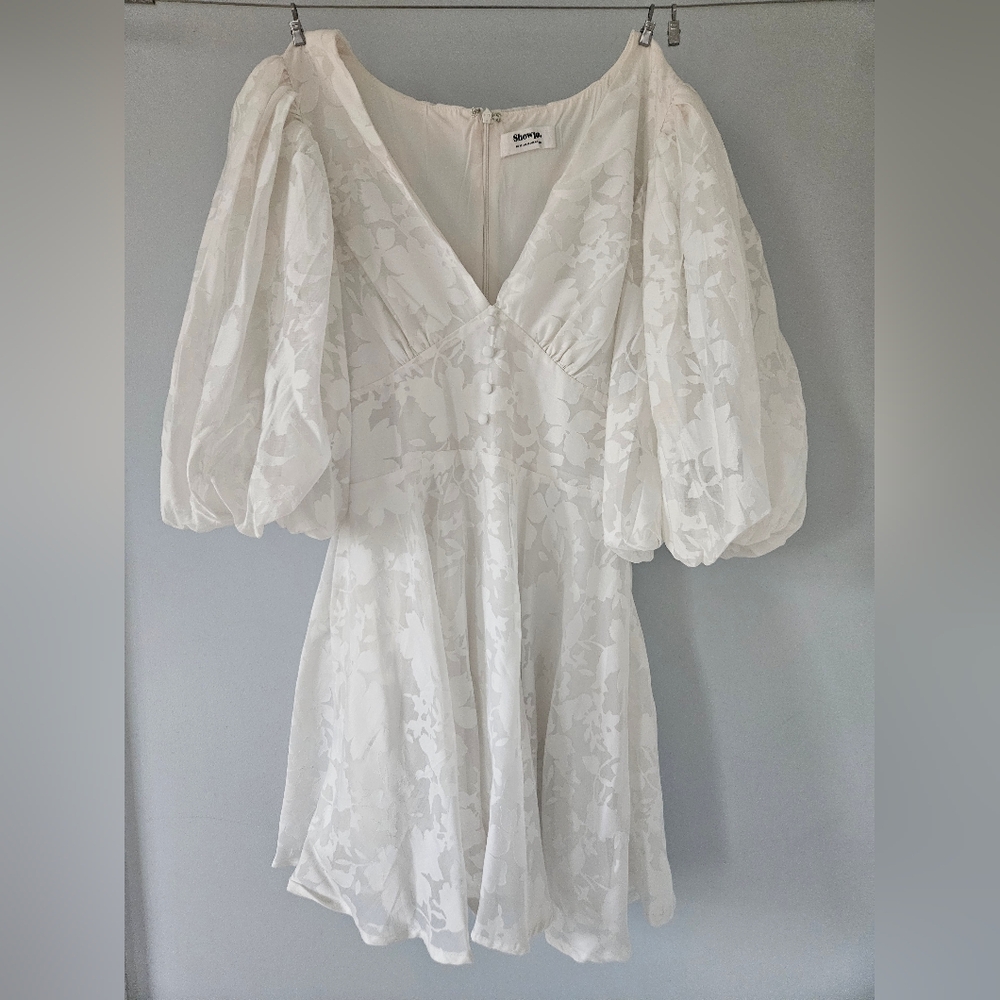 Showpo Jacquard White Puff Sleeve Mini Dress